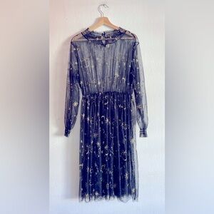 YM YOUMU Tulle Constellation Embroidered Sheer Midi Dress